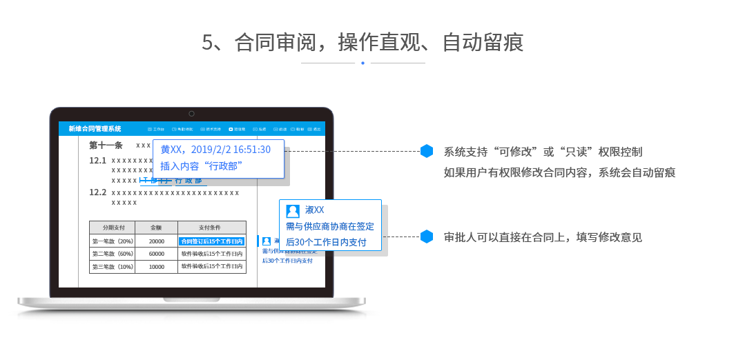 合同审阅，操作直观、自动留痕；系统支持“可修改”或“只读”权限控制，如果用户有权限修改合同内容,系统会自动留痕，审批人可以直接在合同上，填写修改意见