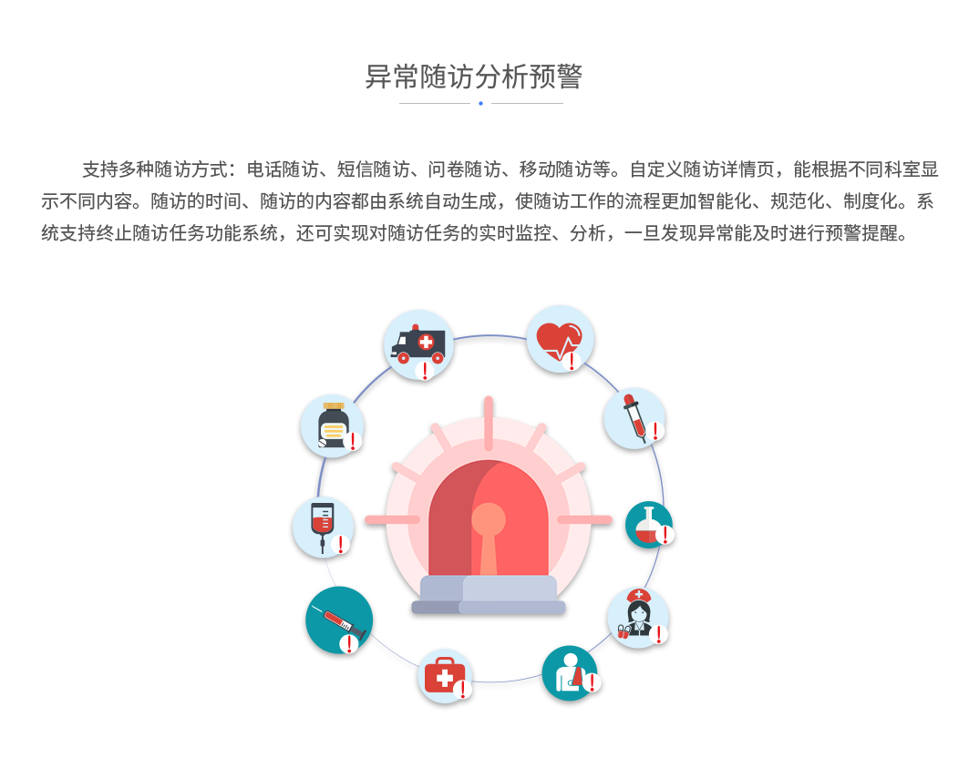 异常随访分析预警：支持多种随访方式：电话随访、短信随访、问卷随访、移动随访等。自定义随访详情页，能根据不同科室显示不同内容。随访的时间、随访的内容都由系统自动生成，使随访工作的流程更加智能化、规范化、制度化。系统支持终止随访任务功能系统，还可实现对随访任务的实时监控、分析，一旦发现异常能及时进行预警提醒。