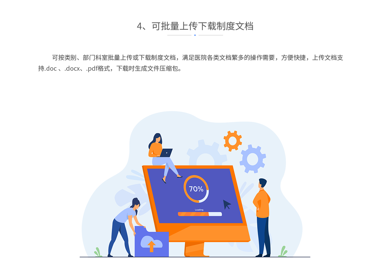 可批量上传下载制度文档，可按类别、部门科室批量上传或下载制度文档，满足医院各类文档繁多的操作需要，方便快捷，上传文档支持.doc 、.docx、.pdf格式，下载时生成文件压缩包。